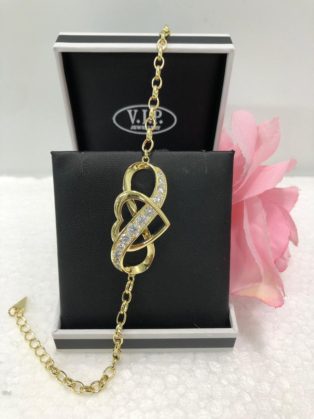 Gold plated Crystal Heart Infinity Bracelet (VIP49G)