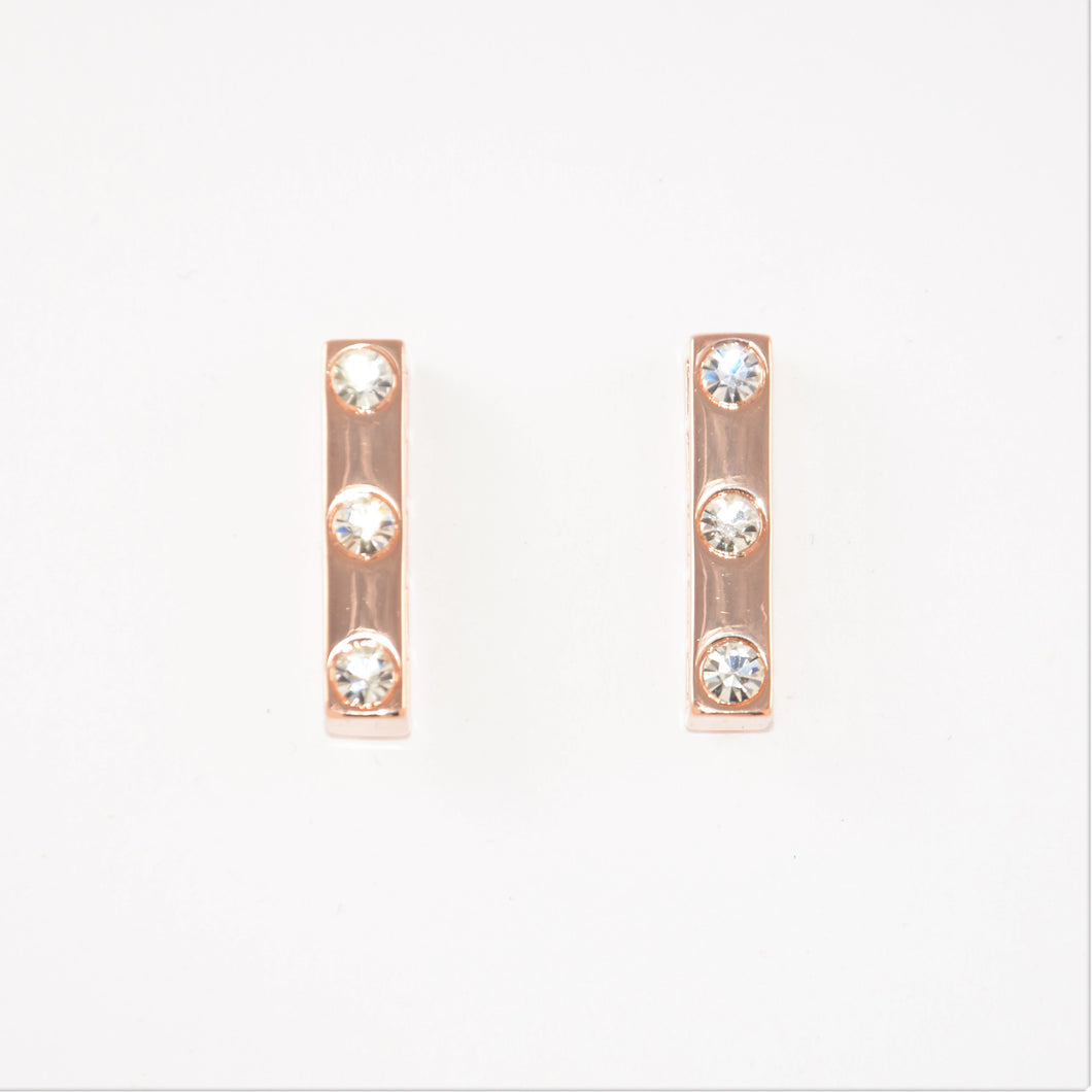 Rose Gold Rectangle Earrings With 3 Clear Crystals (VIP77R)